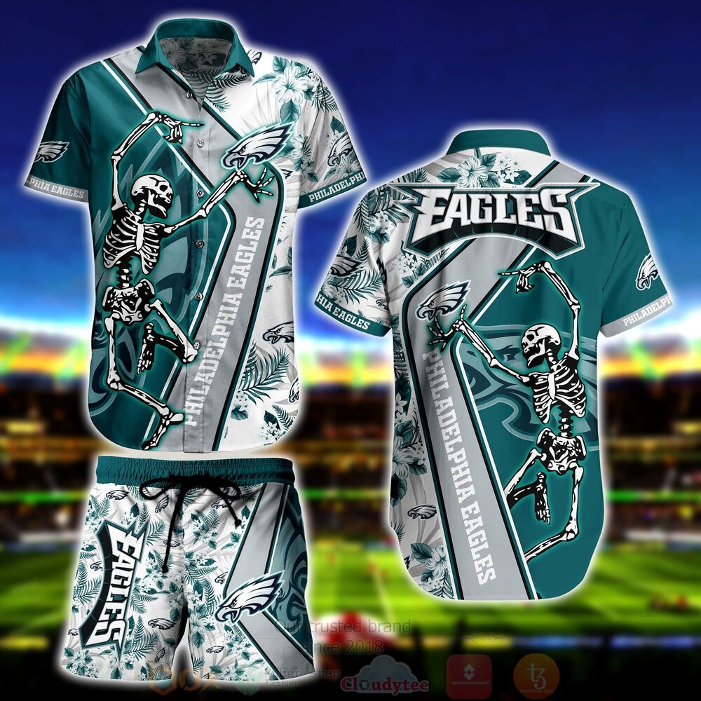 Philadelphia Eagles Skeleton Hawaiian Shirt Tropical Aloha Button Up