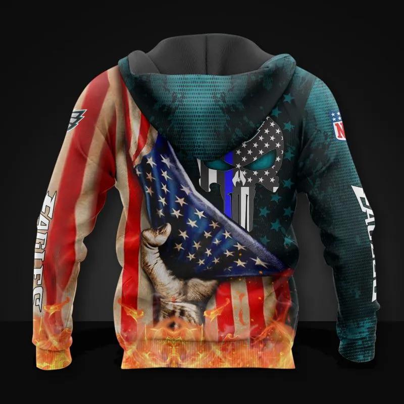 Alternative view of Philadelphia Eagles Skull American Flag NFL 3D All Over Print Hoodie