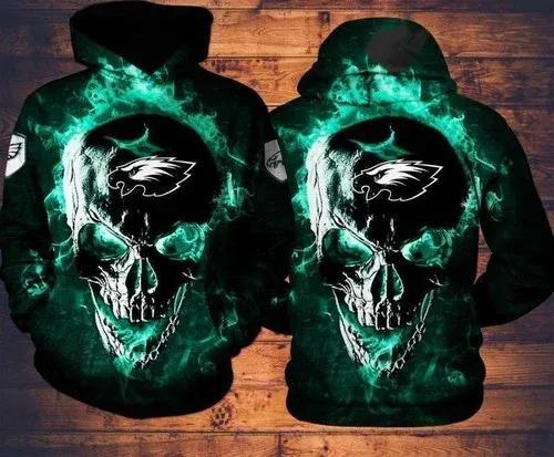 Philadelphia Eagles Skull FIre NFL 3D All Over Print Hoodie
