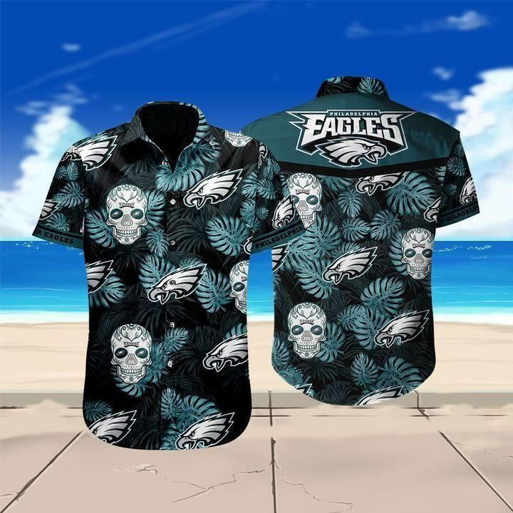 Philadelphia Eagles Skull Football Hawaiian Shirt Tropical Aloha Button Up