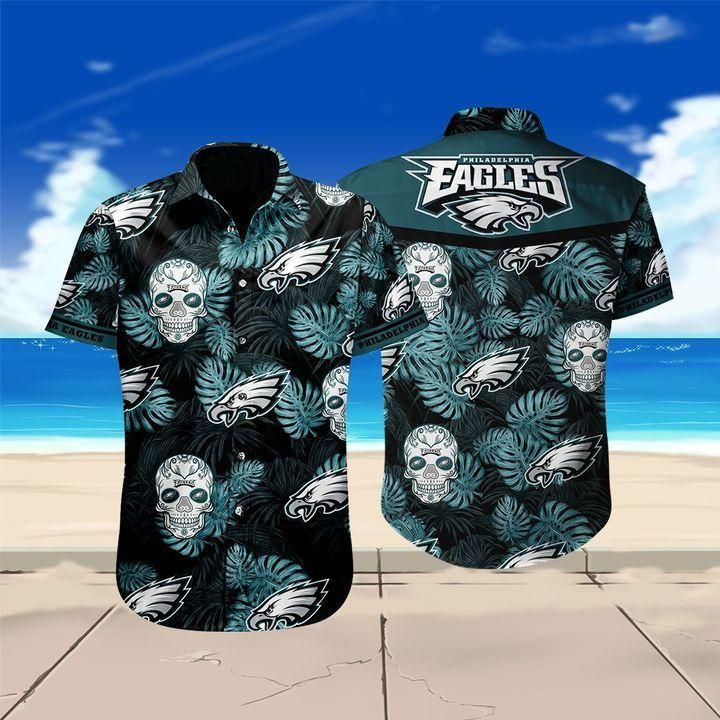 Philadelphia Eagles Skull Hawaiian Shirt Tropical Aloha Button Up