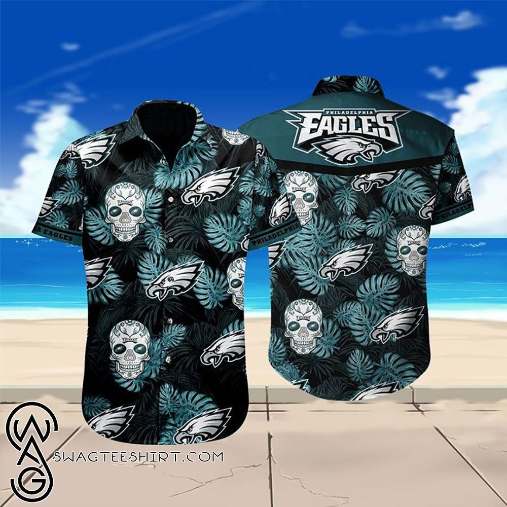 Philadelphia Eagles Sugar Skull Floral Hawaiian Shirt Tropical Aloha Button Up