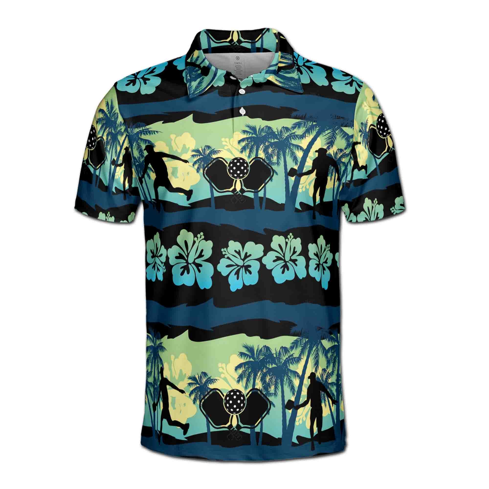 Alternative view of Pickleball Paddle Players Tropical Pattern Black Blue 3D Men's Polo Shirt