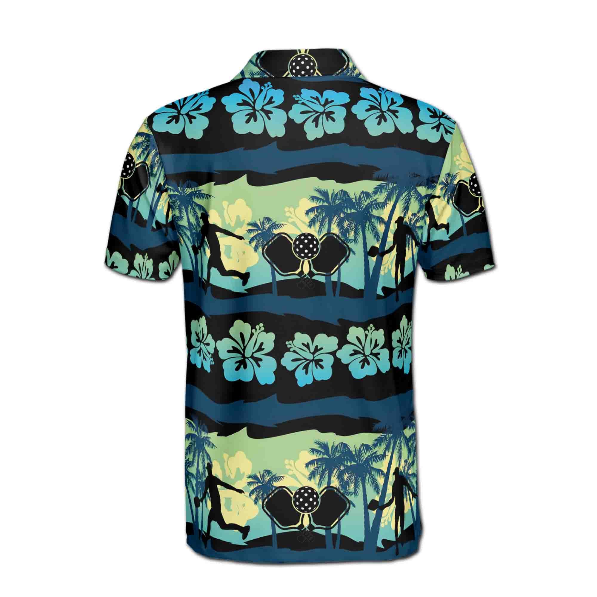 Pickleball Paddle Players Tropical Pattern Black Blue 3D Men's Polo Shirt - Image 3