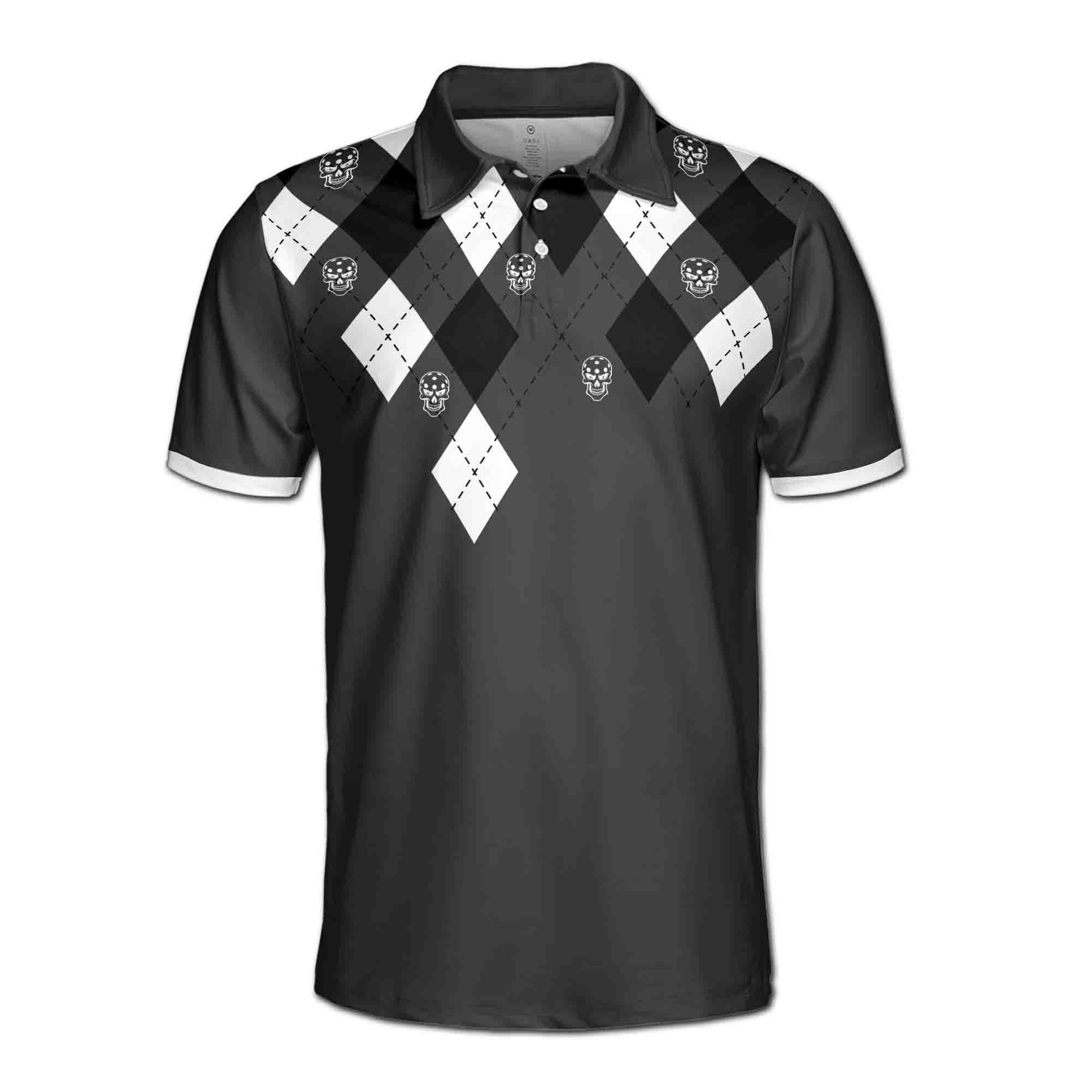 Alternative view of Pickleball Paddle Skull Never Underestimate An Old Man Black White 3D Men's Polo Shirt