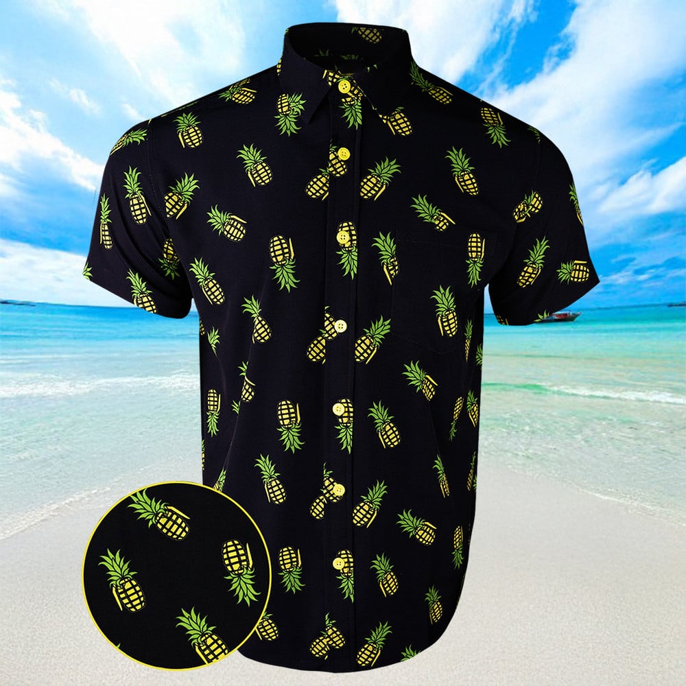 Pineapple Grenade Black Hawaiian Shirt Summer Button Up Shirts Mens Gifts For Dudes
