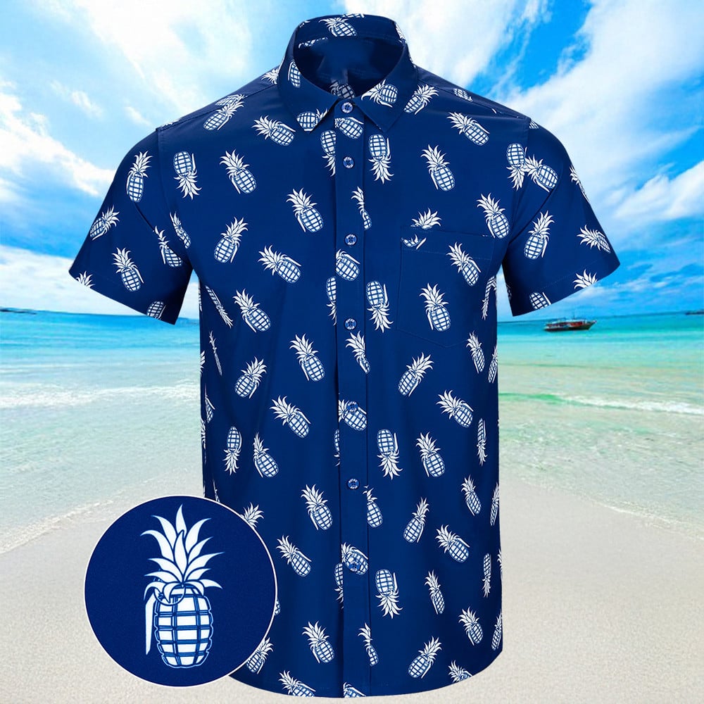 Pineapple Grenade Navy Hawaiian Shirt Summer Button Up Shirts Mens Gifts