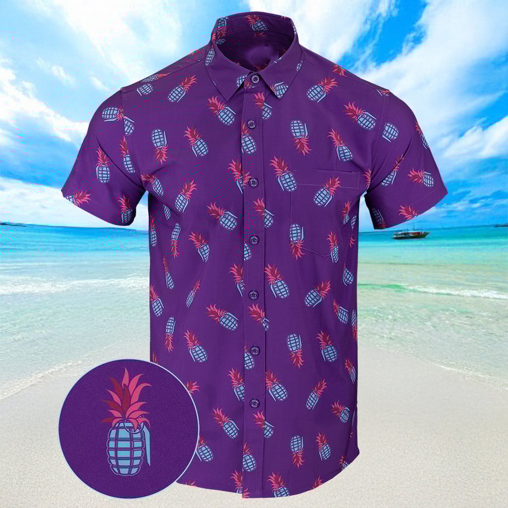 Pineapple Grenade Purple Hawaiian Shirt Mens Summer Short Sleeve Button Down Shirts