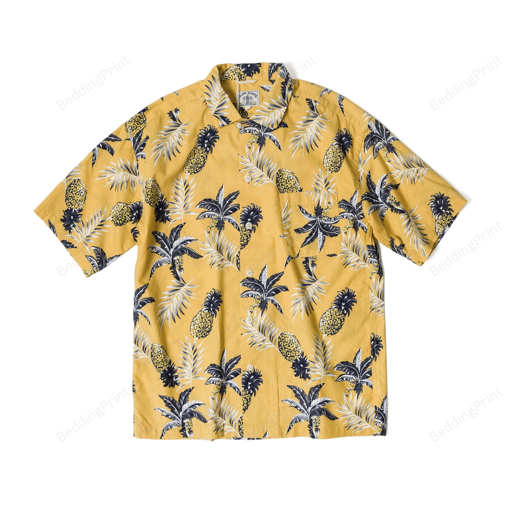 Pineapple Palm Print 80s Hawaiian Shirt Tropical Aloha Button Up