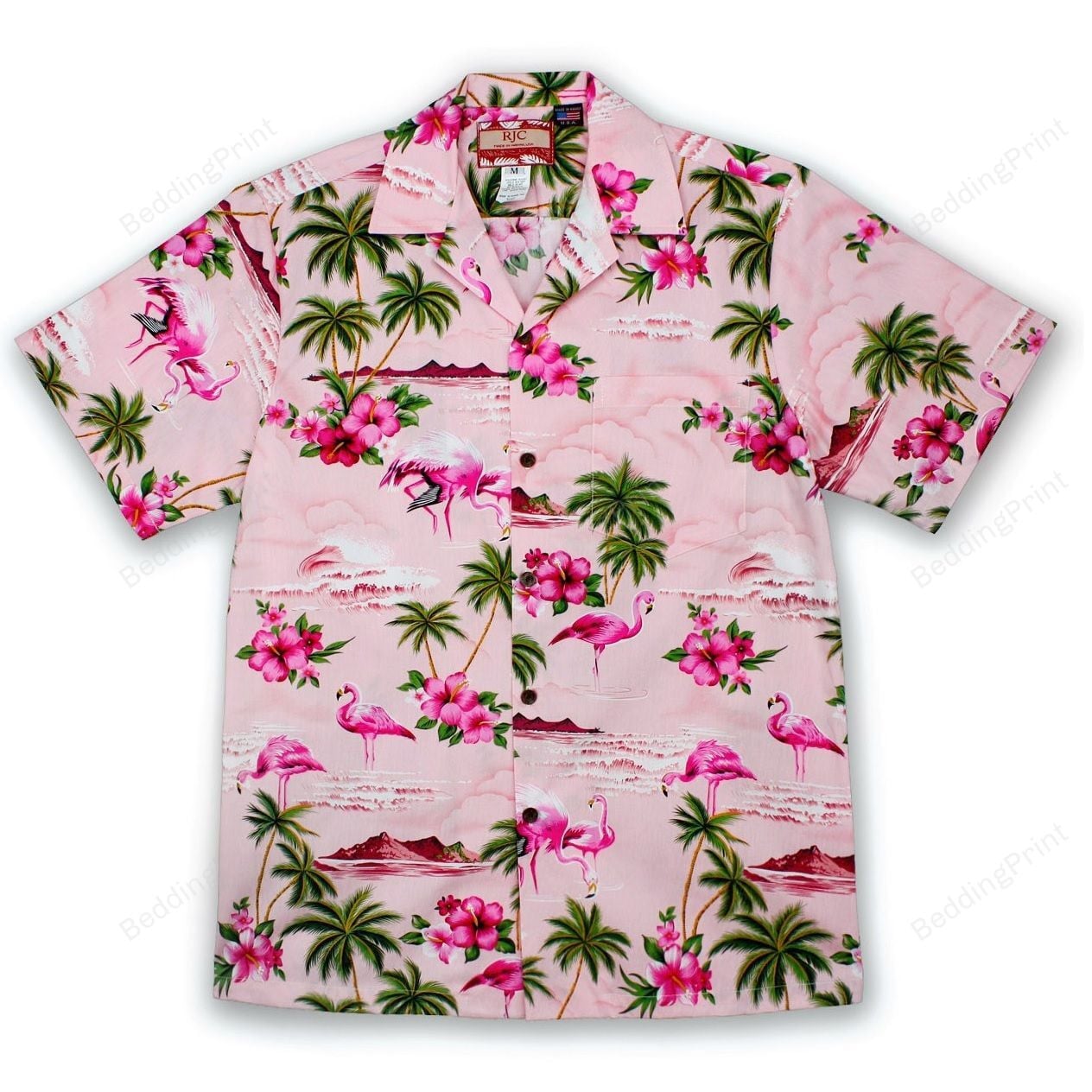 Pink Flamingo Mens Hawaiian Shirt Tropical Aloha Button Up