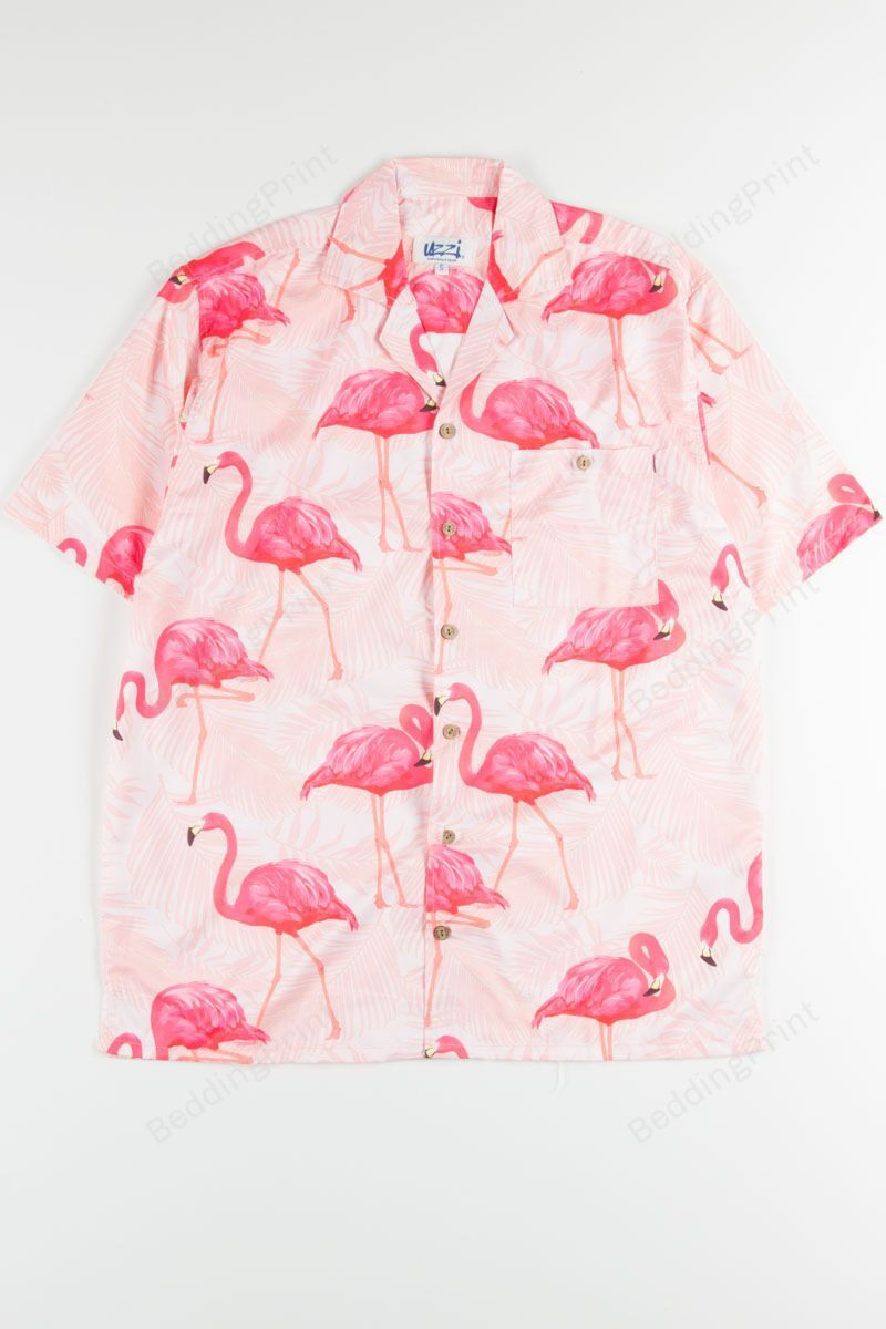 Pink Large Flamingo Print Hawaiian Shirt Tropical Aloha Button Up