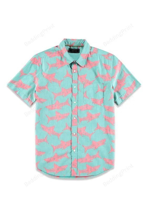 Pink Shark Illustration Pattern Hawaiian Shirt Tropical Aloha Button Up