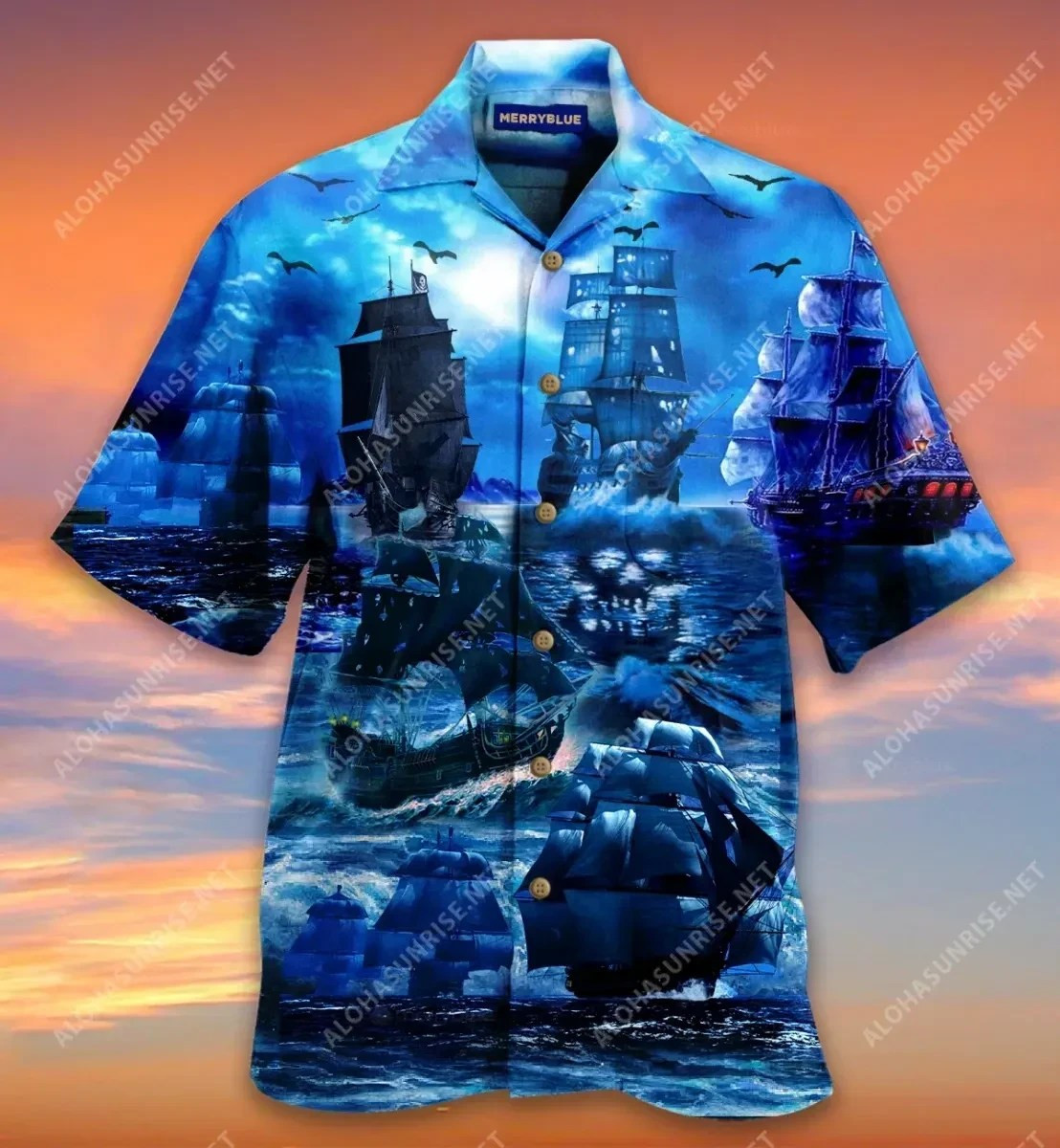 Pirate Ship Under The Romantic Moonlight Unisex Hawaiian Shirt Tropical Aloha Button Up