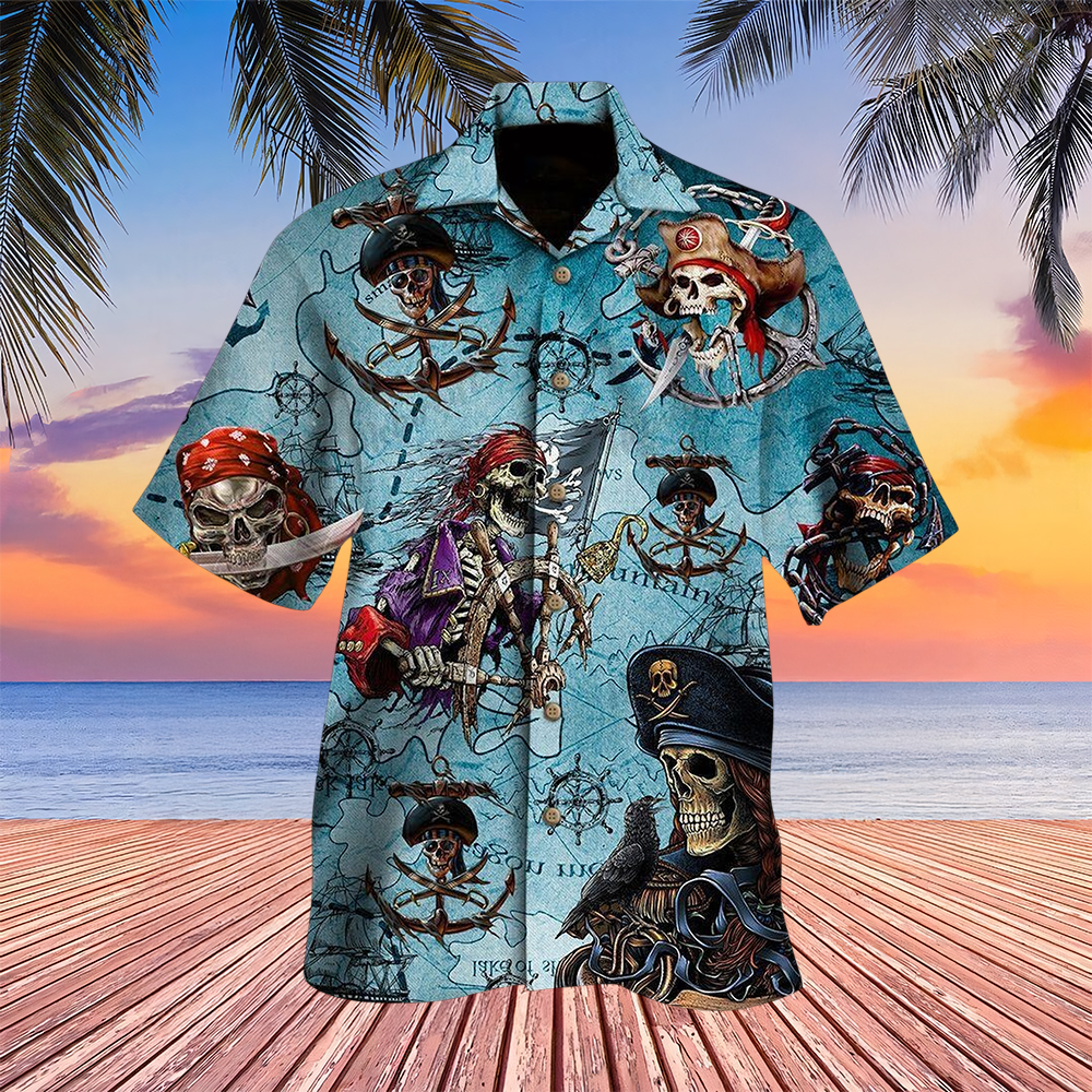 Pirate Skull Hawaiian Shirt Treasure Map Pattern Aloha Shirt Gifts For Husband