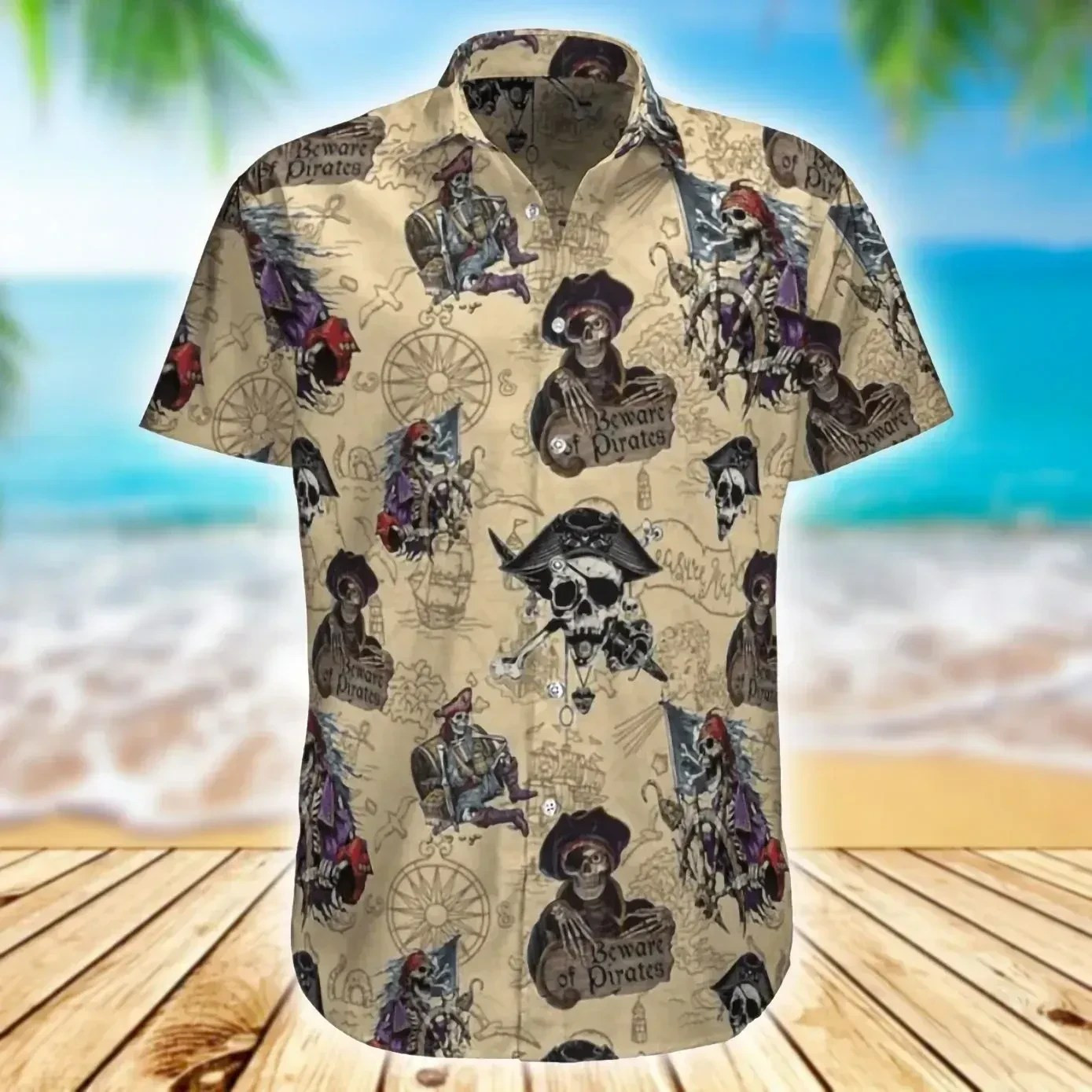 Pirate Skull Hawaiian Shirt Tropical Aloha Button Up