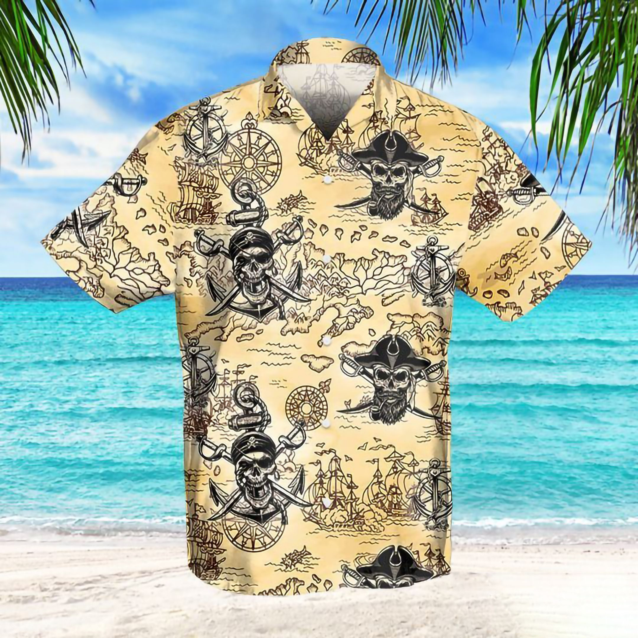 Pirate Skull Hawaiian Shirt Tropical Aloha Button Up
