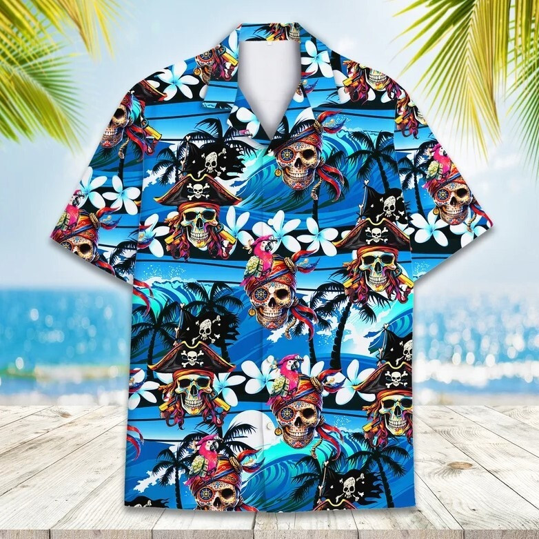 Pirate Skull Hawaiian Shirt Vibrant Tropical Flower Aloha Shirt Gifts Ideas For Pirate Lovers