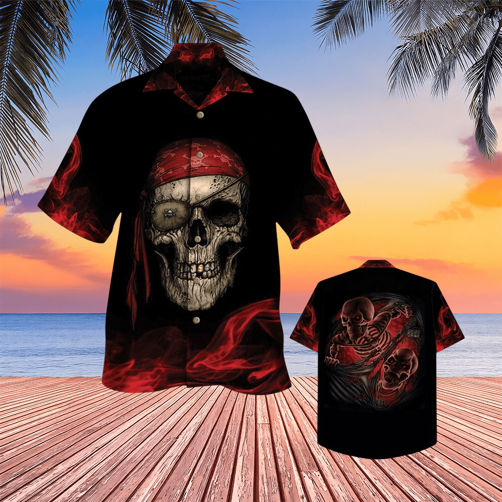 Pirate Skull Red Hawaiian Shirt Spooky Skull Aloha Shirt Best Gifts For Pirate Lovers