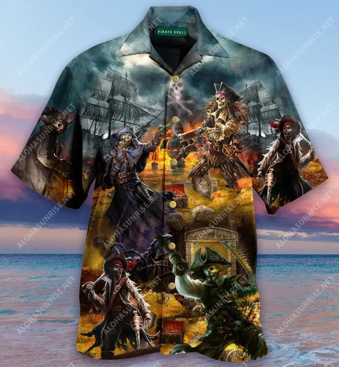 Pirate Skull Treasure Hunting Hawaiian Shirt Tropical Aloha Button Up