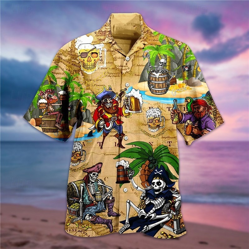 Pirates Of The Caribbean Cartoon Hawaiian Shirt Skull Pirate Beer Aloha Shirt Gifts For Him