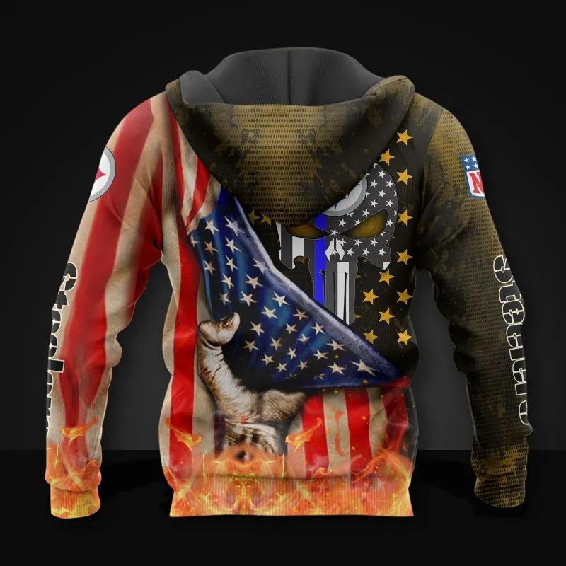 Alternative view of Pittsburgh Steelers American Flag Skull NFL 3D All Over Print Hoodie