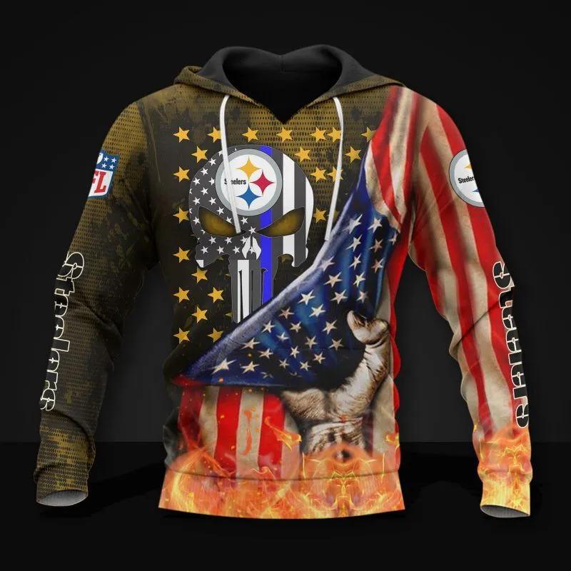 Pittsburgh Steelers American Flag Skull NFL 3D All Over Print Hoodie