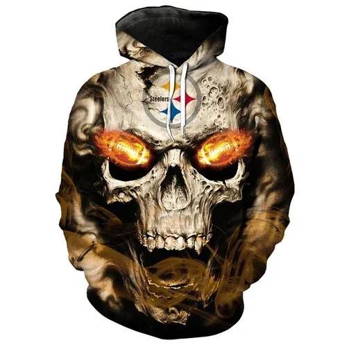 Pittsburgh Steelers Blazing Fiery Football In Skulls Eyes Pittsburgh Steelers NFL 3D All Over Print Hoodie