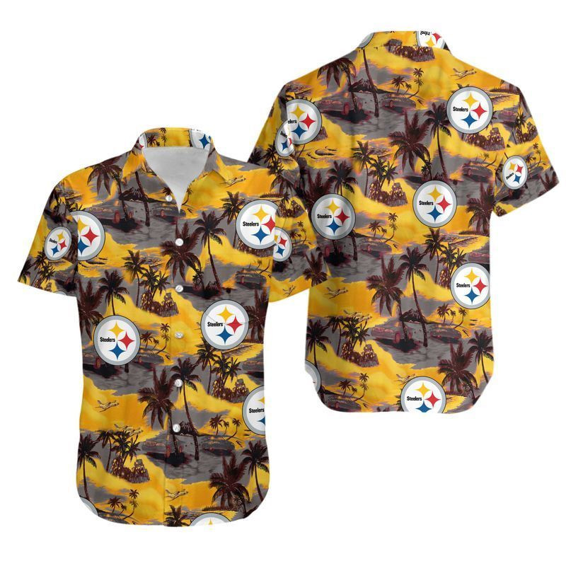 Pittsburgh Steelers Coconut Tree Hawaiian Shirt Tropical Aloha Button Up
