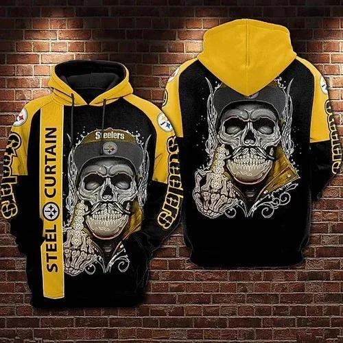 Pittsburgh Steelers Skeleton Middle Finger NFL 3D All Over Print Hoodie