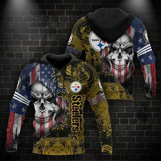Pittsburgh Steelers Skull American Flag NFL 3D All Over Print Hoodie