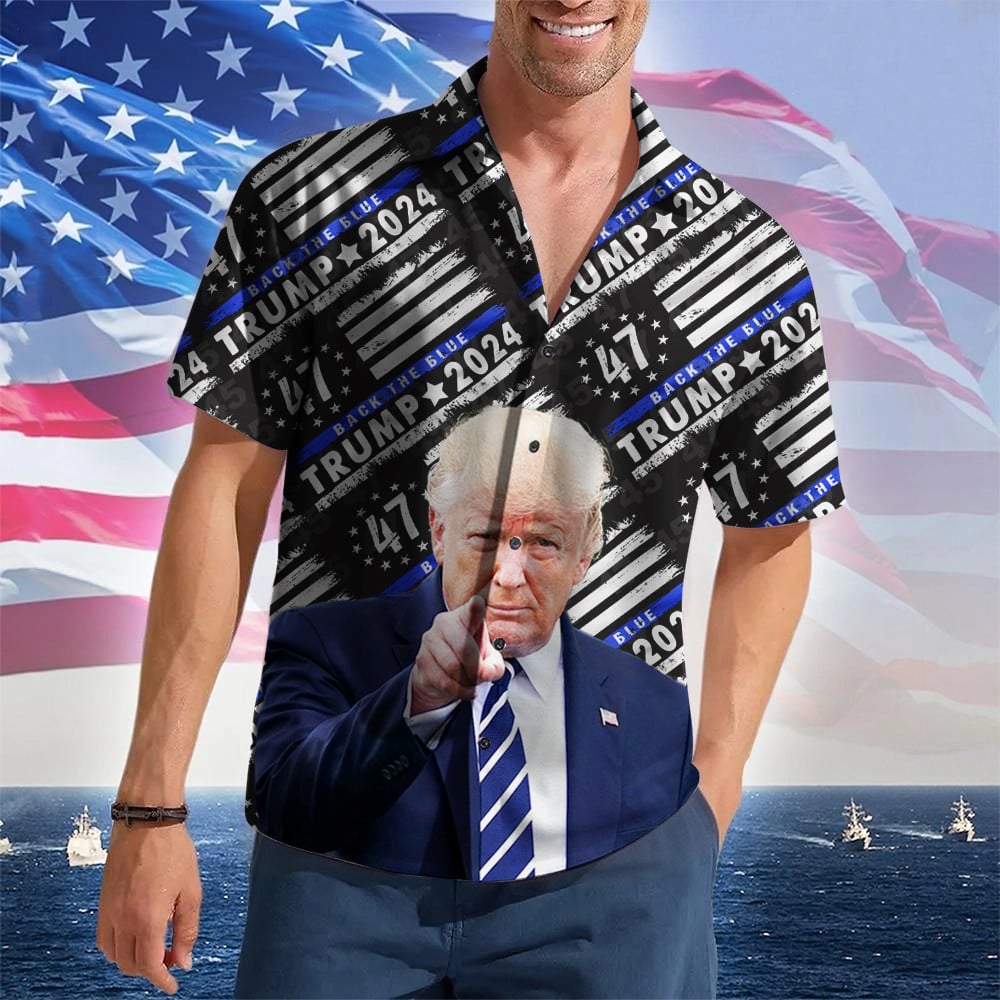 Police For Trump 2024 Hawaiian Shirt Back The Blue Donald Trump 47 Button Up Shirt Patriotic