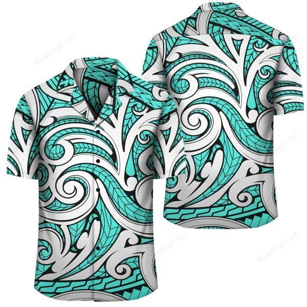 Polynesian Maori Ethnic Ornament Turquoise Hawaiian Shirt Tropical Aloha Button Up