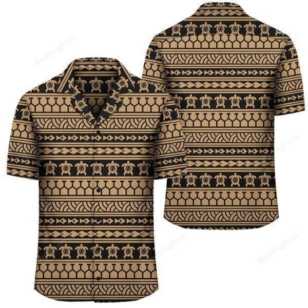 Polynesian Tattoo Tribal Gold Hawaiian Shirt Tropical Aloha Button Up