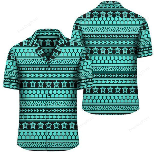Polynesian Tattoo Tribal Turquoise Hawaiian Shirt Tropical Aloha Button Up
