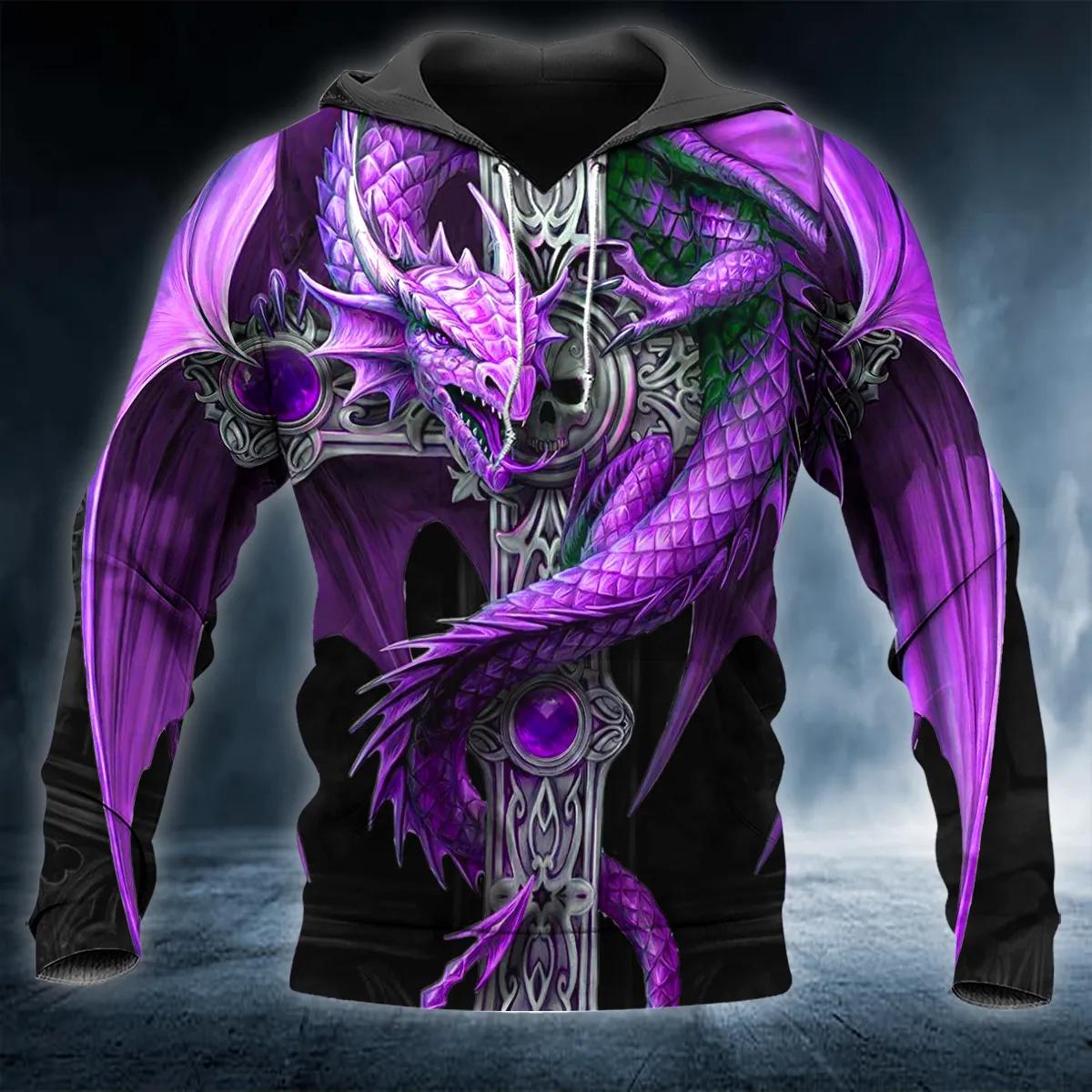 Purple Winged Dragon On Cross Sword Skull 3D All Over Print Hoodie