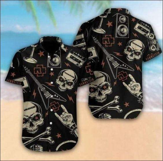 Rammstein Black Skull Guitar Hawaiian Shirt Tropical Aloha Button Up