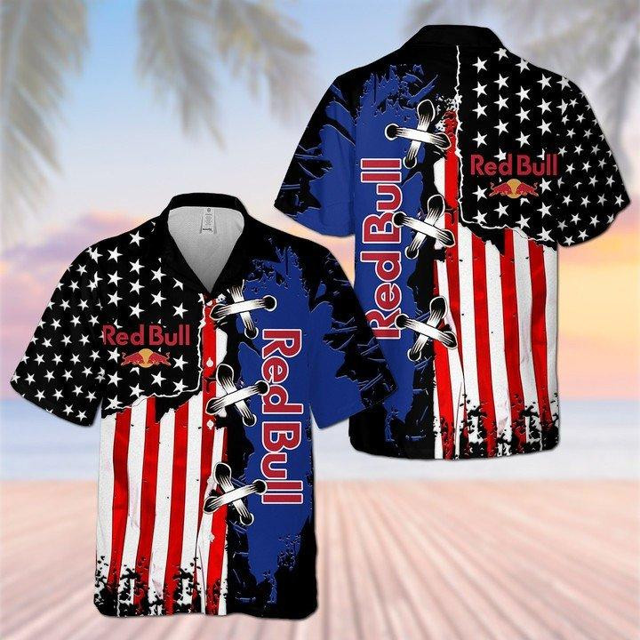 Red Bull American Flag Hawaiian Shirt Tropical Aloha Button Up