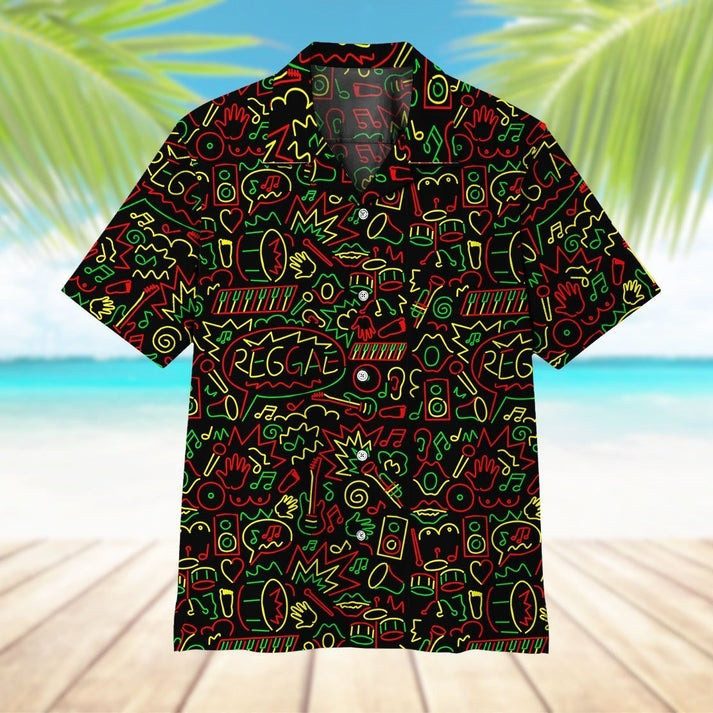 Reggae Doodle Vibes Hawaiian Shirt Neon Outline Button Up Shirt Gifts For Music Lovers