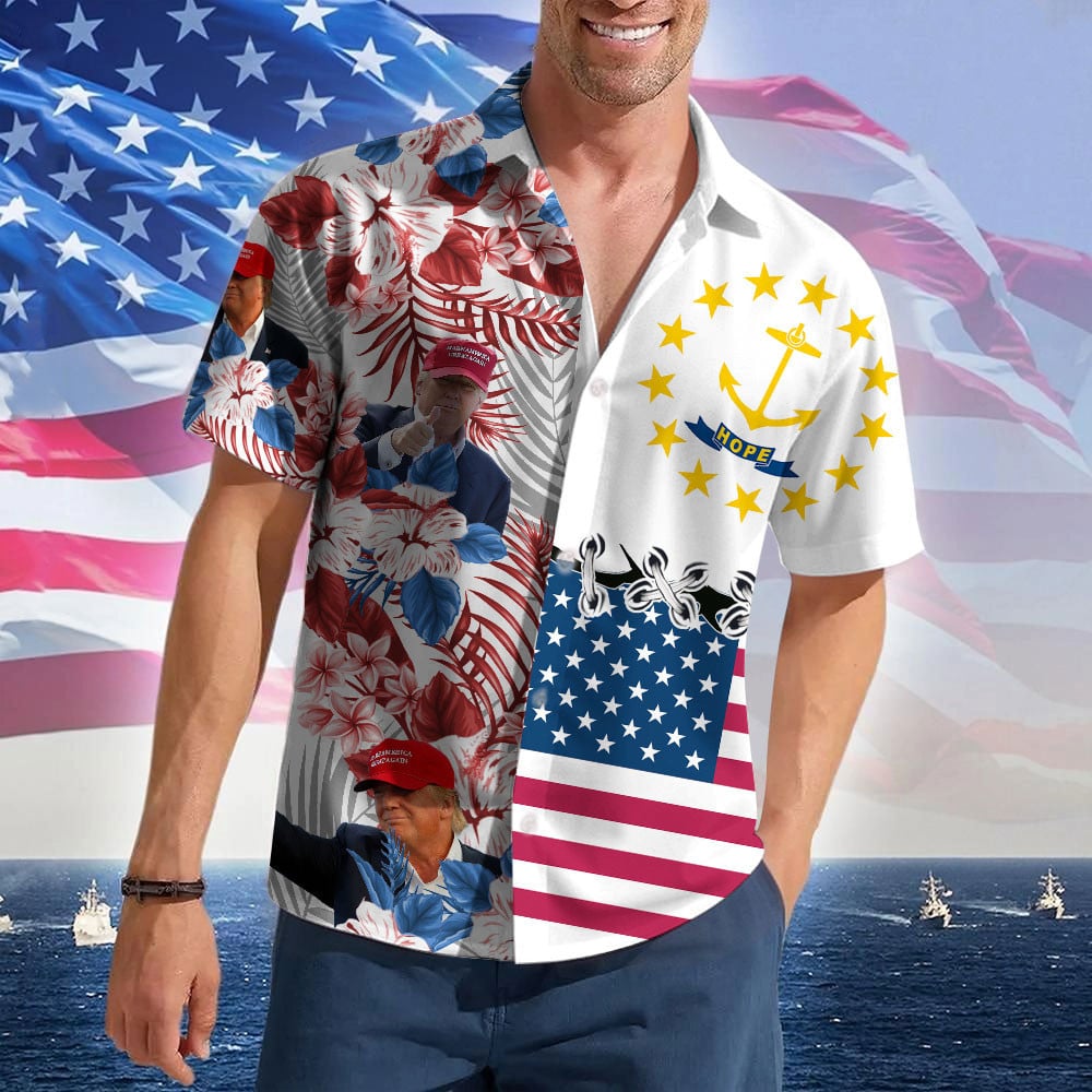 Rhode Island For Trump 2024 Hawaiian Shirt MAGA Merch Pro Trump Summer Button Up Shirts For Men