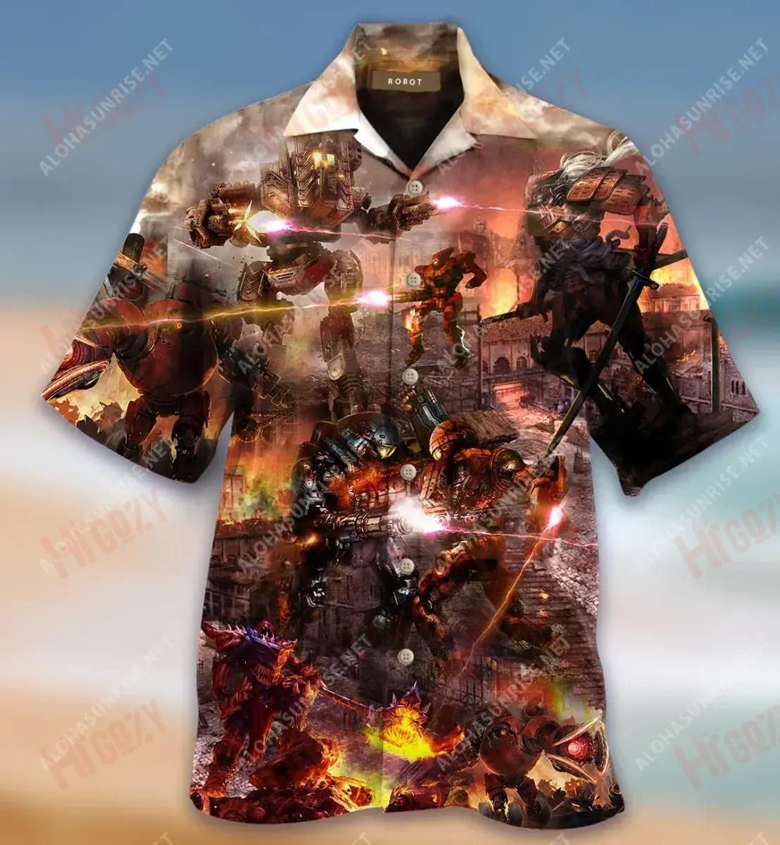Robot Combat Battlefield Hawaiian Shirt Tropical Aloha Button Up
