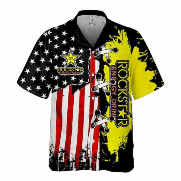 Rock Star Energy Drink Flag Hawaiian Shirt Tropical Aloha Button Up