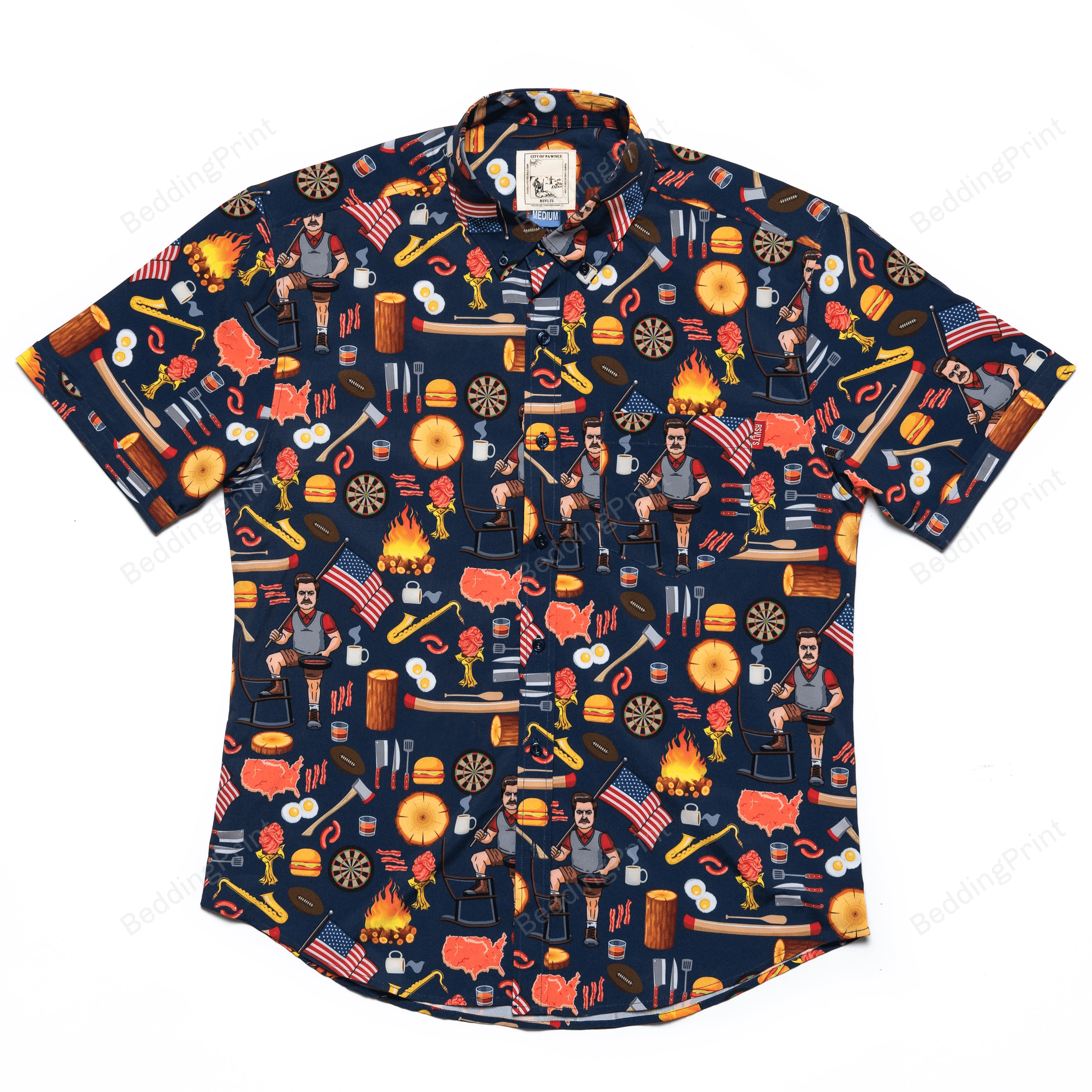 Ron Swansons Hawaiian Shirt Tropical Aloha Button Up