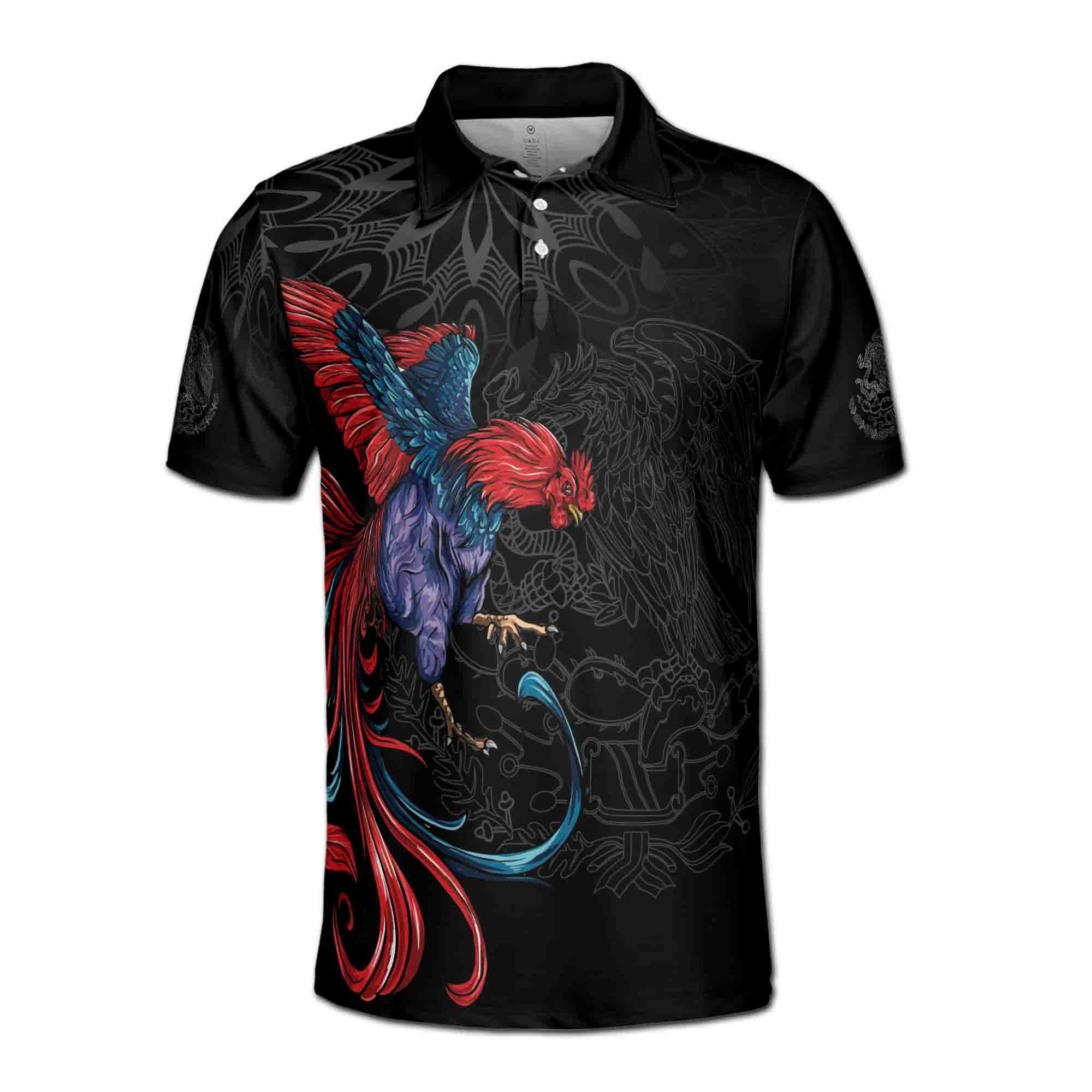 Alternative view of Rooster Graphic Chicken Mexican Aztec Black Eagle Men's Polo Shirt
