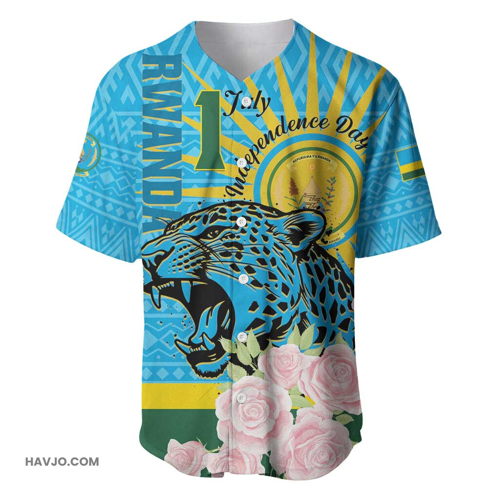 Rwanda Independence Day Leopard With Roses Baseball Jersey