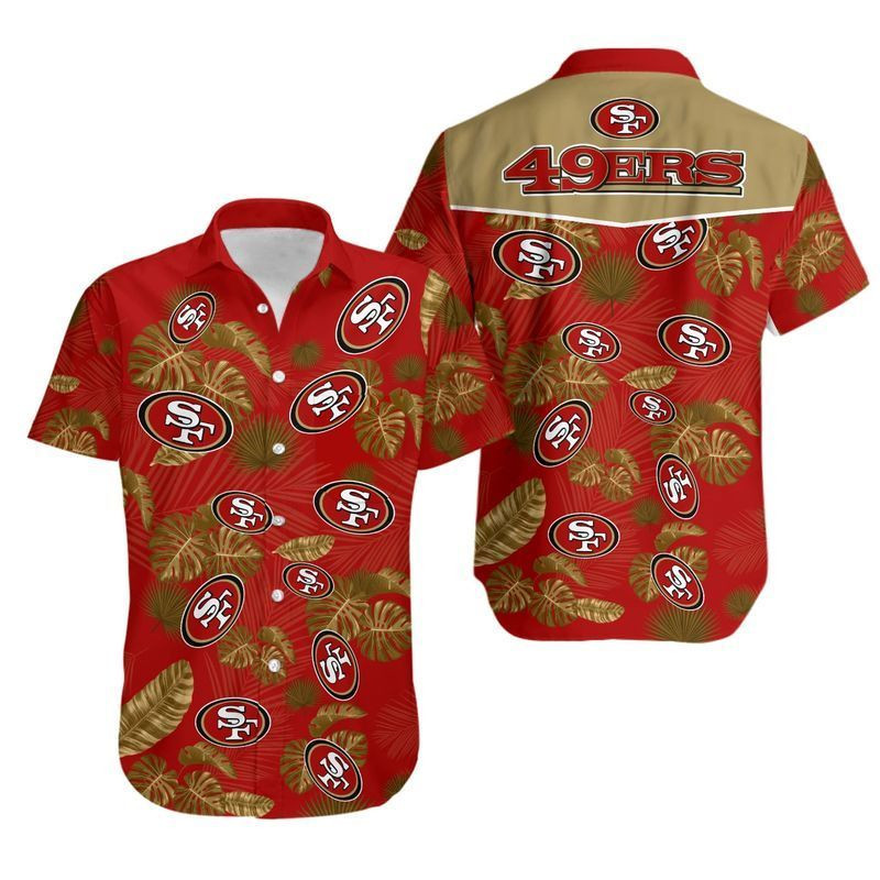 San Francisco 49ers Logo And Floral Hawaiian Shirt Tropical Aloha Button Up