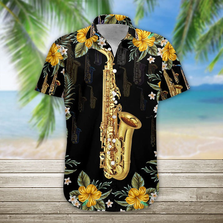 Saxophone Hawaiian Shirt Tropical Music Button Up Shirt Gift For Jazz Lovers