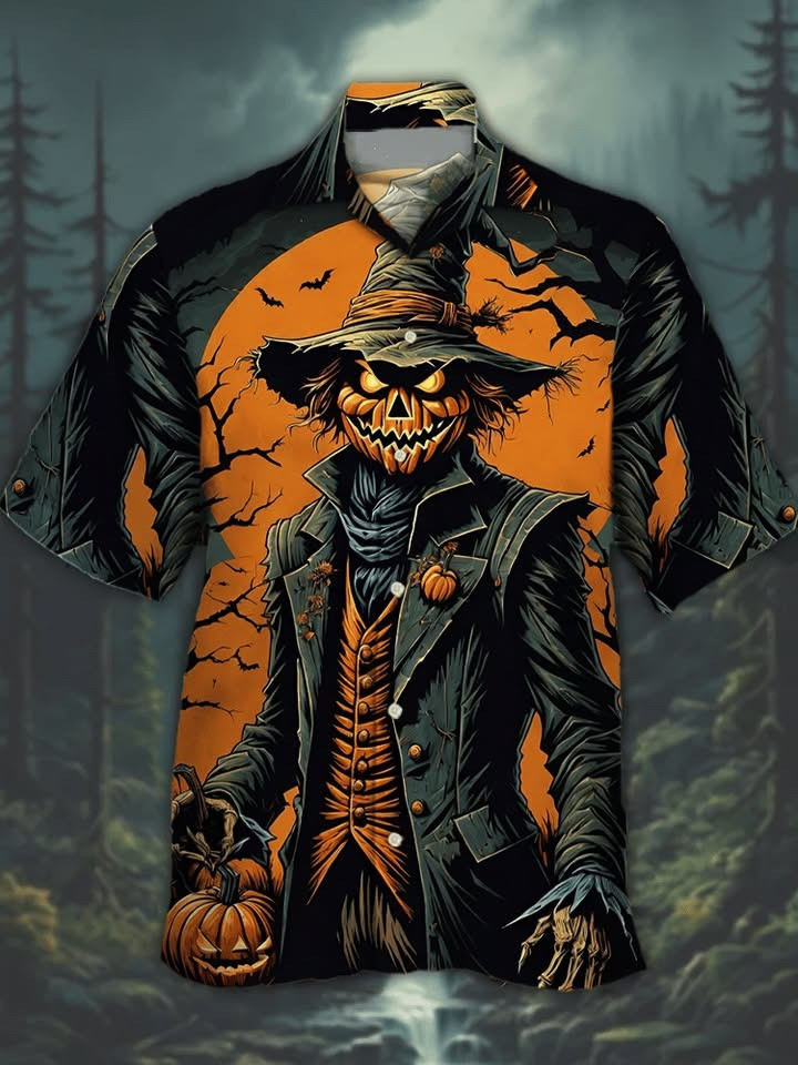 Scarecrow Pumpkin Halloween Horror Men's Hawaiian Shirt Halloween Themed Clothing Gifts