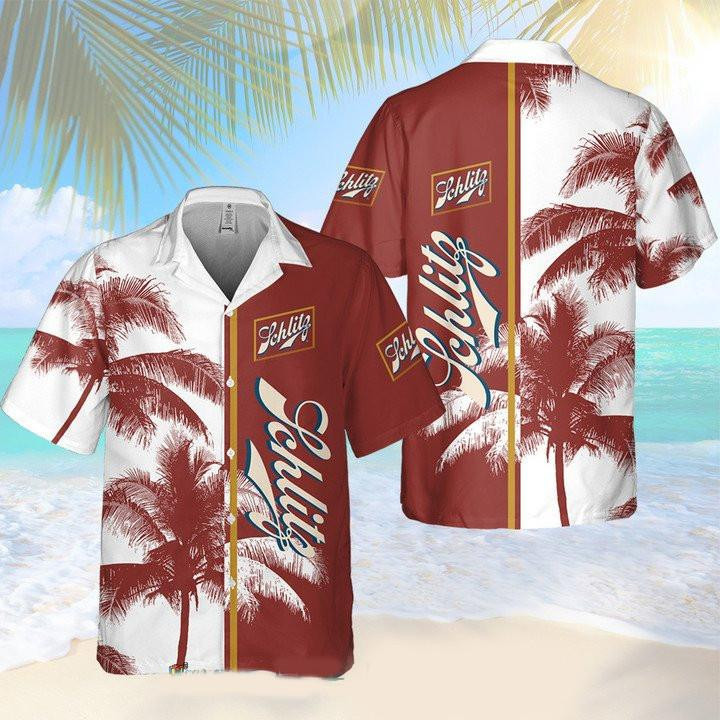 Schlitz Beer Palm Tree Hawaiian Shirt Tropical Aloha Button Up