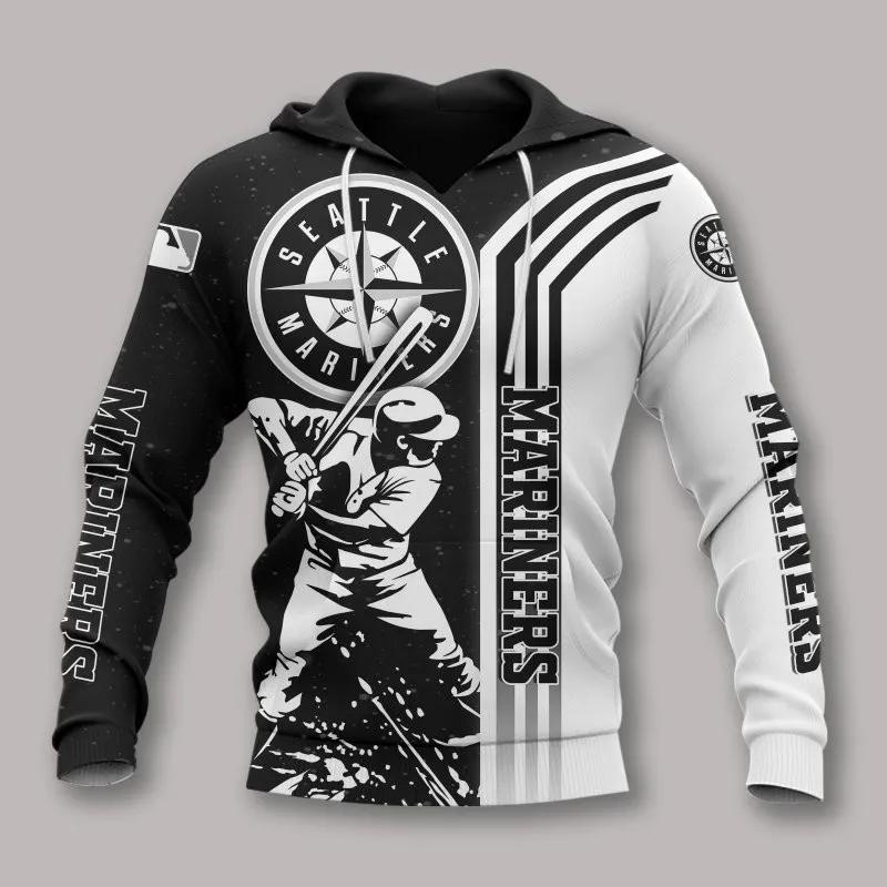 Seattle Mariners Black And White MLB All Over Print Hoodie
