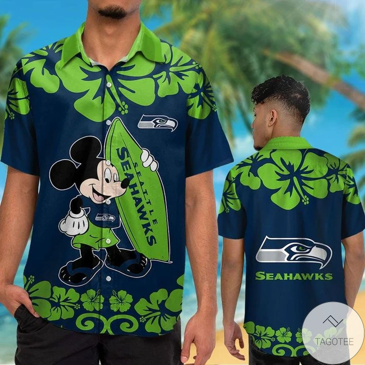 Seattle Seahawks & Mickey Mouse Hawaiian Shirt Tropical Aloha Button Up